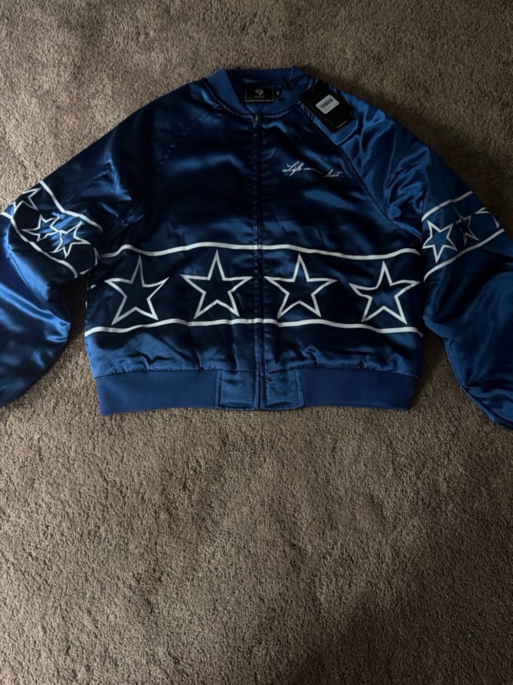 Darc sport blue santin star-striped bomber jacket